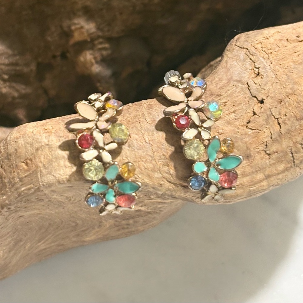 Vintage Enamel Butterfly And Rhinestone Half Hoop Earrings
